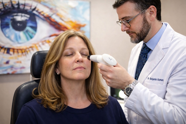 Doctor performing IPL treatment for ocular aesthetics and dry eye on patient in Baltimore using advanced Optilight technology